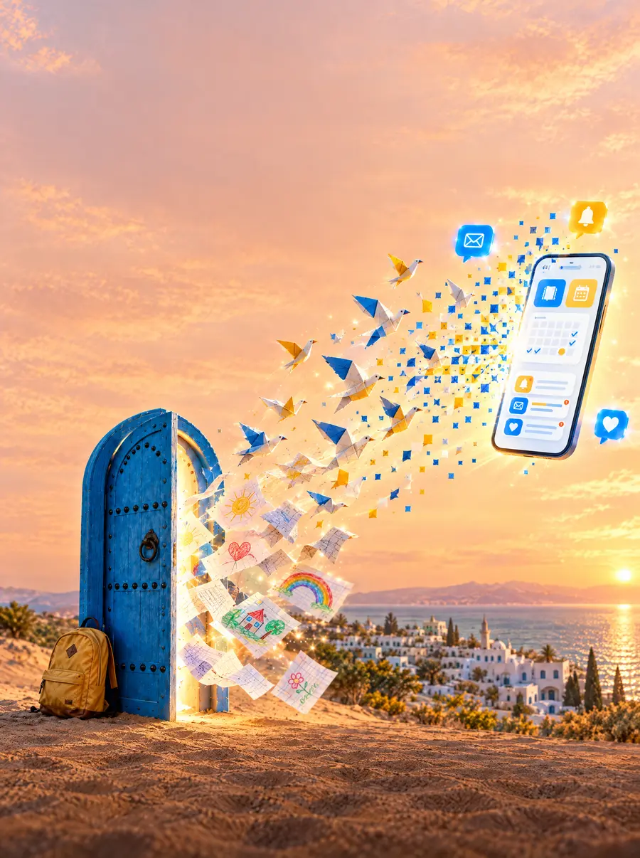 باب أزرق من سيدي بوسعيد تتطاير منه رسوم الأطفال، فتتحوّل إلى طيور ورقية ثم إلى نقاط تلتحق بهاتف.